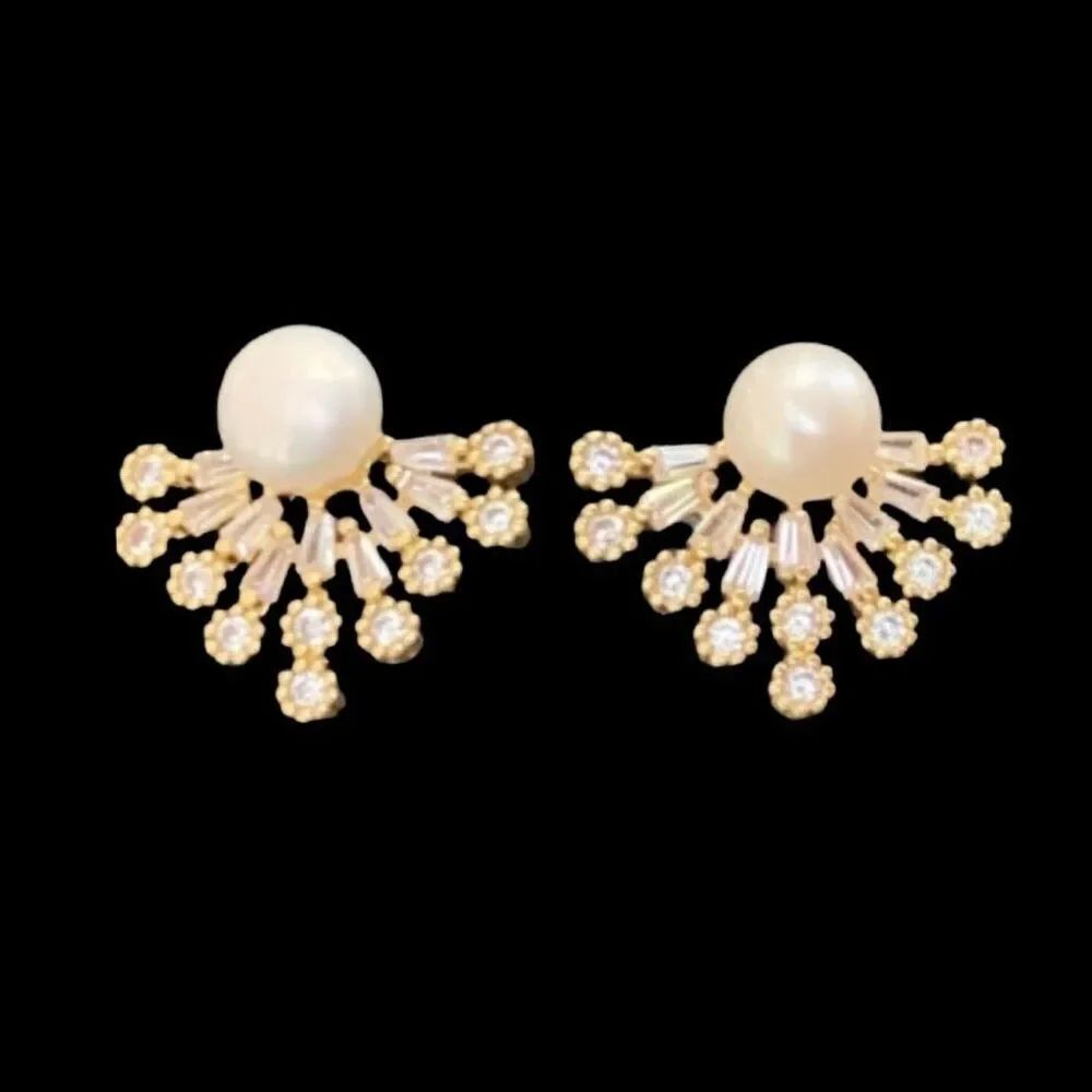 Freshwater Cultured Pearl & Gold Tone Stud Earrings, Flower Fan Star